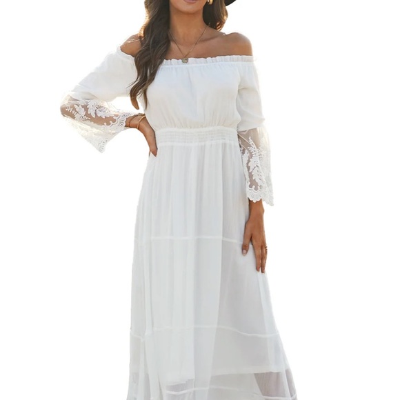 Women white boho off shoulder maxi dress photoshoot - Picture 6 of 10